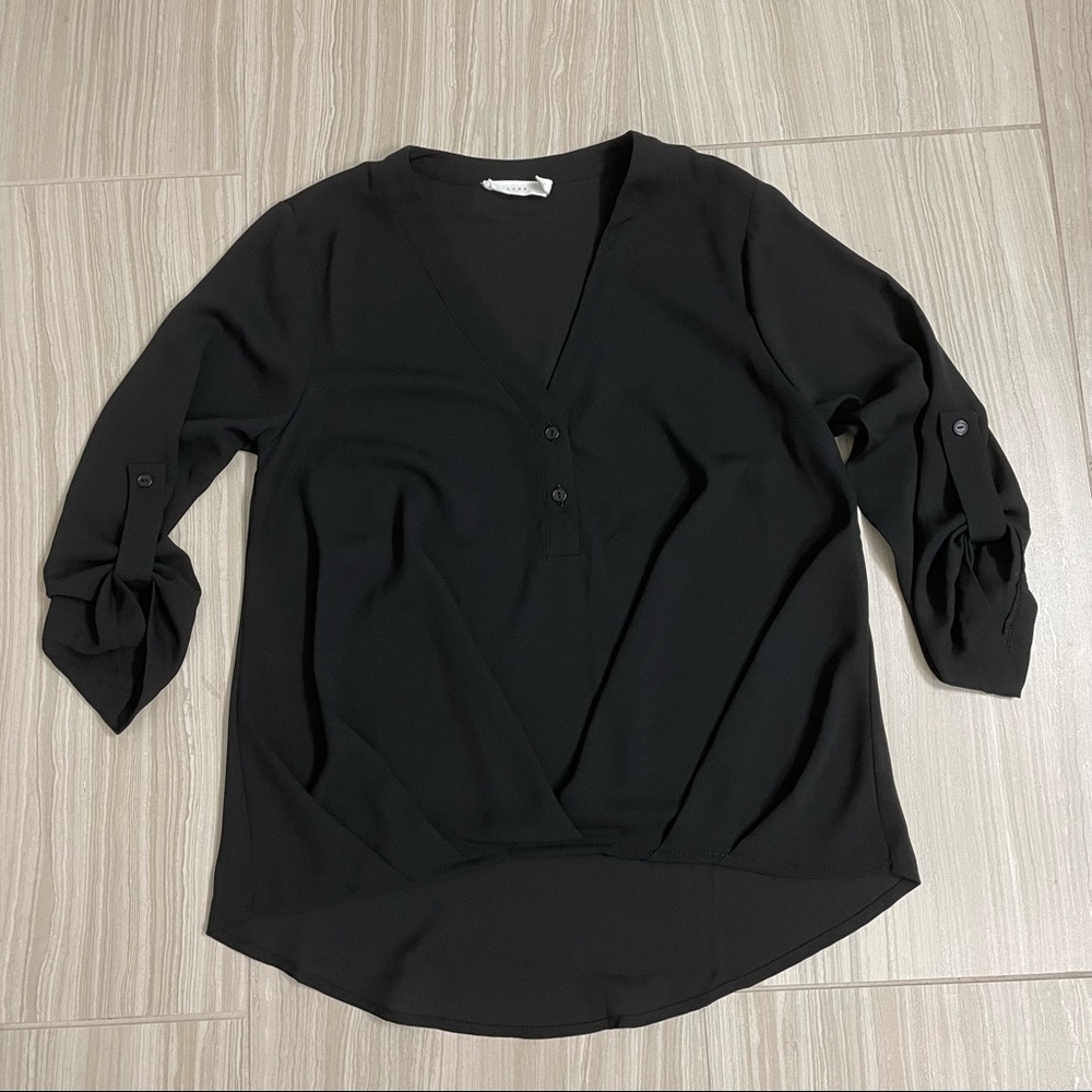 LUSH Black Silky Top Roll Tab Sleeves XXS NWOT Blouse Work Shirt